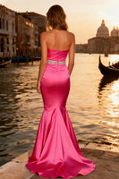 Load image into Gallery viewer, Sparkly Bright Pink Strapless Mermaid Long Prom Dress