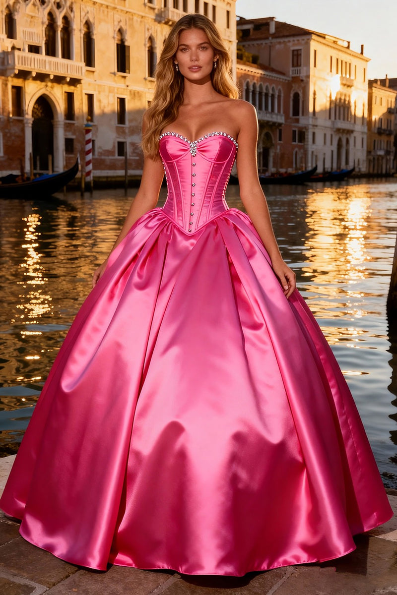 Load image into Gallery viewer, Sparkly Bright Pink Sweetheart Ball Gown Long Corset Prom Dress