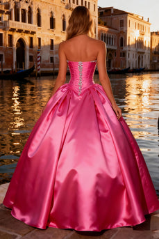 Sparkly Bright Pink Sweetheart Ball Gown Long Corset Prom Dress