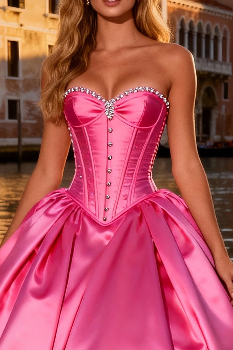 Load image into Gallery viewer, Sparkly Bright Pink Sweetheart Ball Gown Long Corset Prom Dress