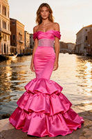 Load image into Gallery viewer, Sparkly Bright Pink Mermaid Ruffled Long Prom Dress