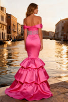Load image into Gallery viewer, Sparkly Bright Pink Mermaid Ruffled Long Prom Dress
