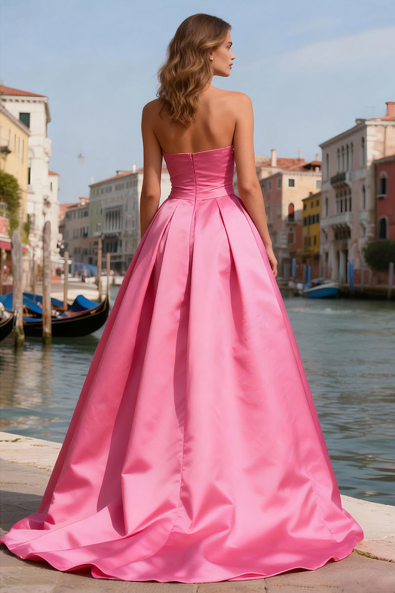 Load image into Gallery viewer, Bright Pink Strapless Pearls Long Prom Dress with Slit