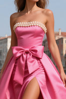 Load image into Gallery viewer, Bright Pink Strapless Pearls Long Prom Dress with Slit