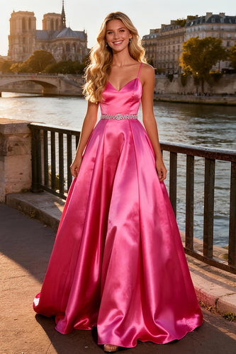 Sparkly Bright Pink Spaghetti Straps A Line Long Prom Dress
