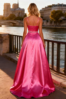 Load image into Gallery viewer, Sparkly Bright Pink Spaghetti Straps A Line Long Prom Dress