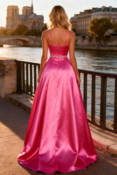 Sparkly Bright Pink Spaghetti Straps A Line Long Prom Dress