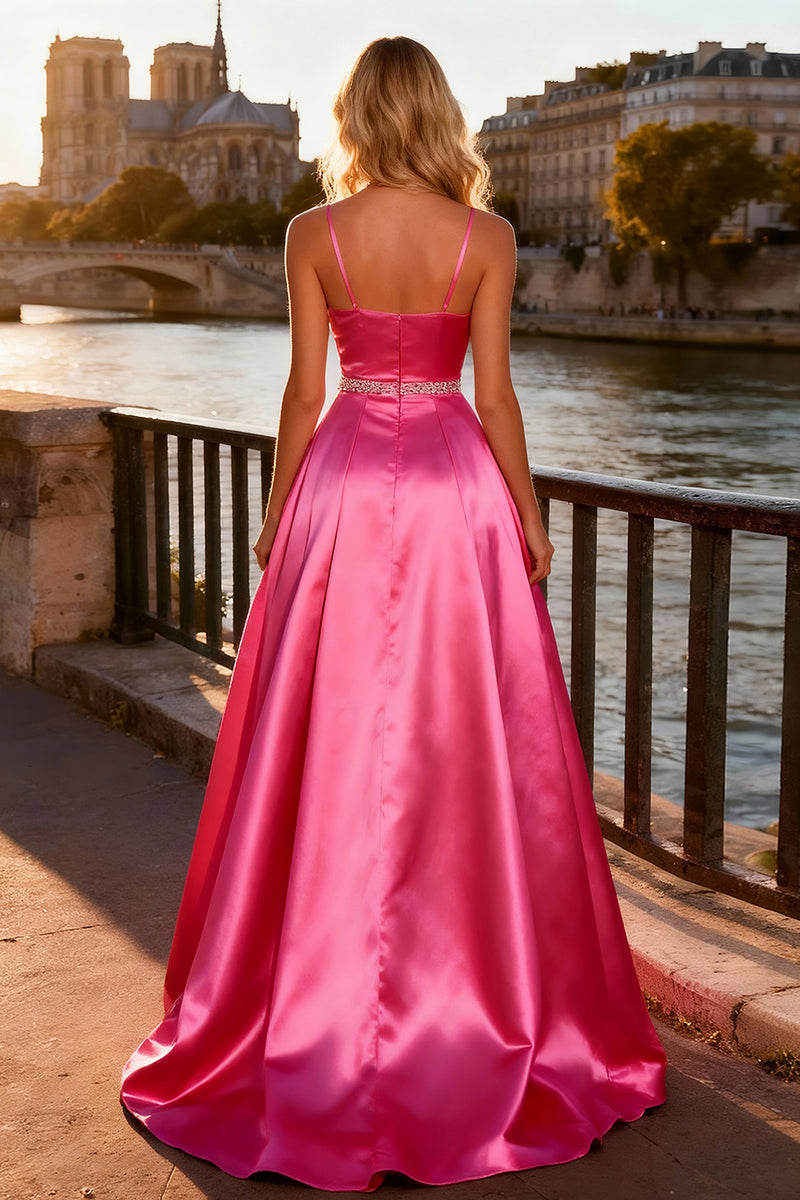 Load image into Gallery viewer, Sparkly Bright Pink Spaghetti Straps A Line Long Prom Dress