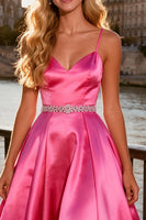 Load image into Gallery viewer, Sparkly Bright Pink Spaghetti Straps A Line Long Prom Dress