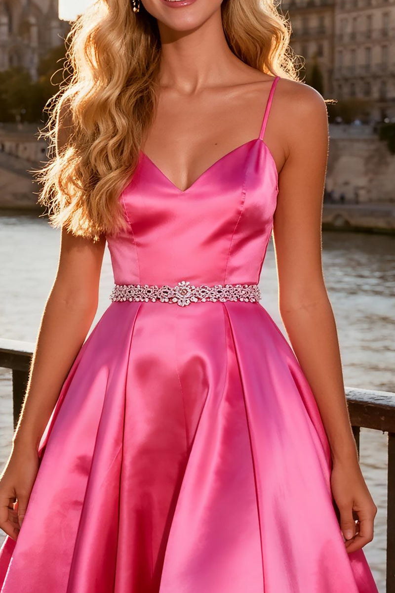 Load image into Gallery viewer, Sparkly Bright Pink Spaghetti Straps A Line Long Prom Dress