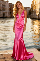 Load image into Gallery viewer, Sparkly Bright Pink V Neck Beaded Mermaid Long Prom Dress