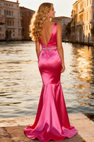 Load image into Gallery viewer, Sparkly Bright Pink V Neck Beaded Mermaid Long Prom Dress
