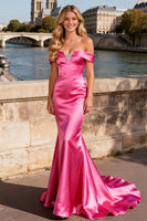 Load image into Gallery viewer, Sparkly Bright Pink Satin Beaded Mermaid Long Prom Dress