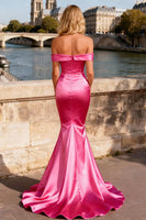 Load image into Gallery viewer, Sparkly Bright Pink Satin Beaded Mermaid Long Prom Dress