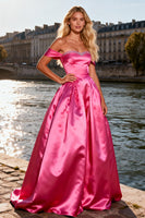 Load image into Gallery viewer, Sparkly Bright Pink Off the Shoulder A Line Long Prom Dress