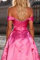 Load image into Gallery viewer, Sparkly Bright Pink Off the Shoulder A Line Long Prom Dress