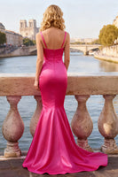 Load image into Gallery viewer, Bright Pink Satin Thick Straps Mermaid Long Prom Dress with Bow