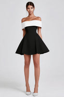 Load image into Gallery viewer, Black and White Off the Shoulder A-Line Short Cocktail Dress