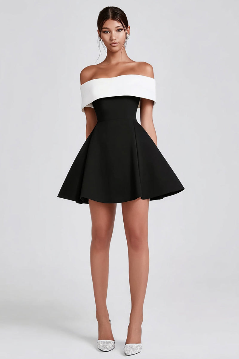 Load image into Gallery viewer, Black and White Off the Shoulder A-Line Short Cocktail Dress