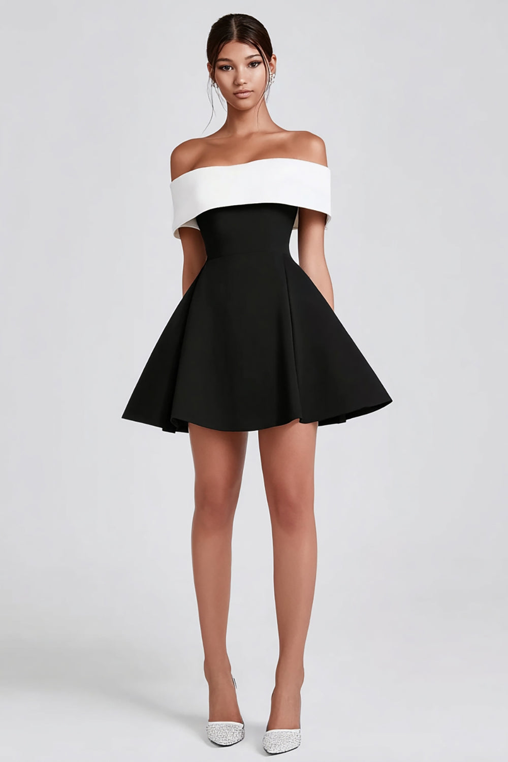 Black and White Off the Shoulder A-Line Short Cocktail Dress