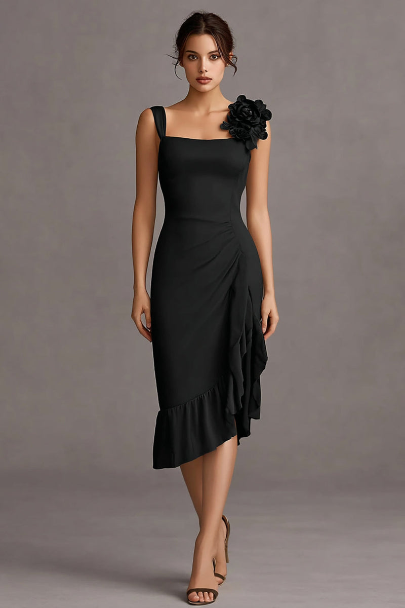 Load image into Gallery viewer, Black Bodycon Ruffled Midi Cocktail Dress with 3D Flower