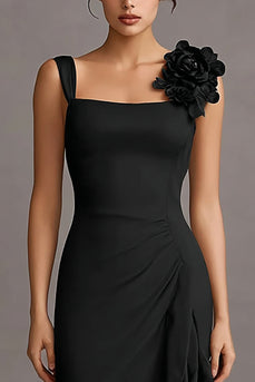 Black Bodycon Ruffled Midi Cocktail Dress with 3D Flower