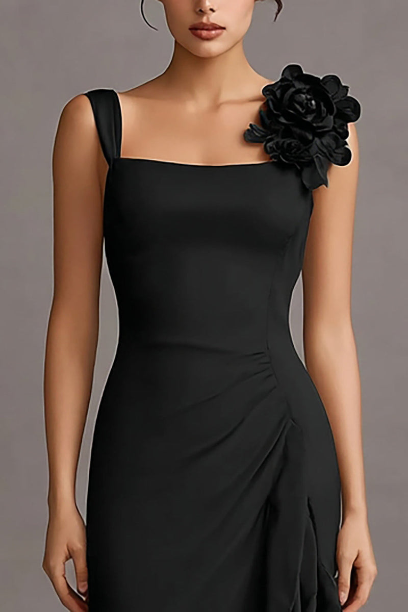 Load image into Gallery viewer, Black Bodycon Ruffled Midi Cocktail Dress with 3D Flower