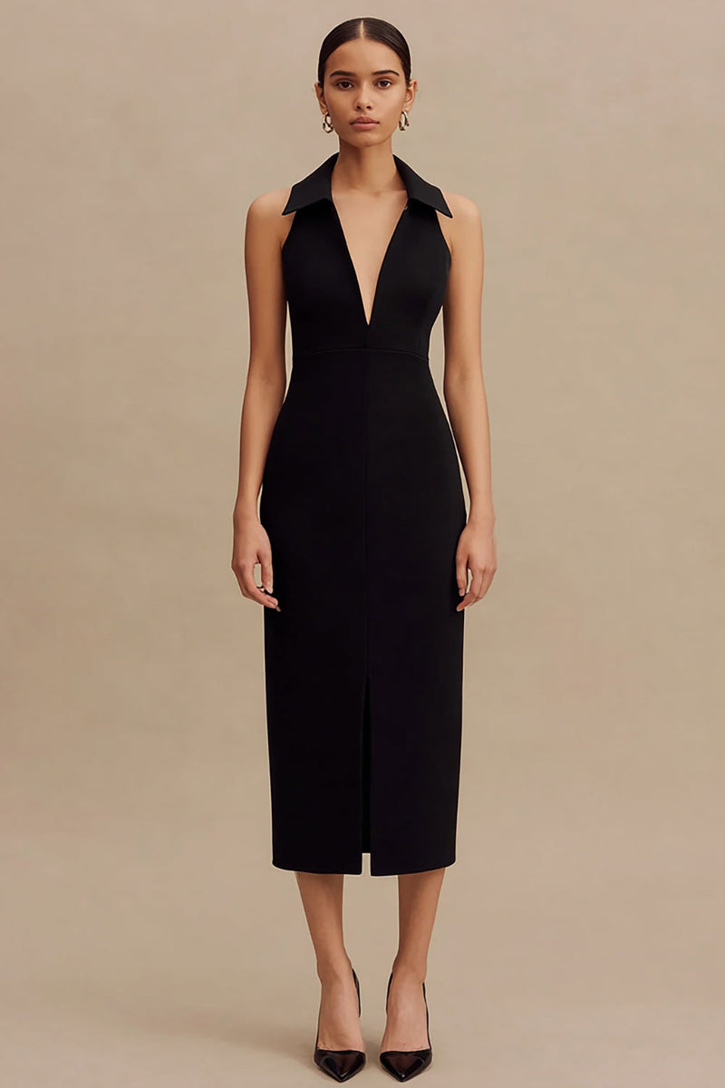 Load image into Gallery viewer, Black Halter Midi Bodycon Cocktail Dress with Slit