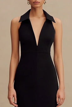 Black Halter Midi Bodycon Cocktail Dress with Slit