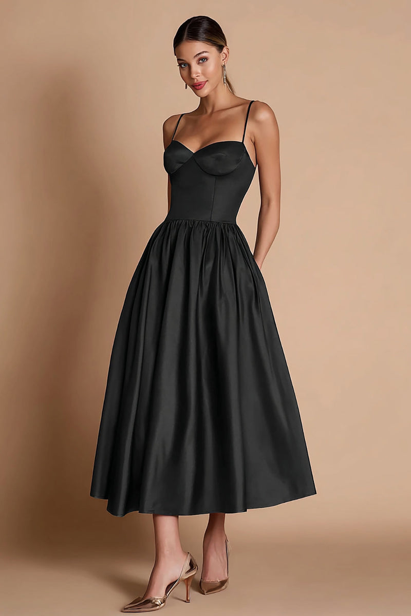 Load image into Gallery viewer, Black Satin A-Line Corset Long Black Tie Dress