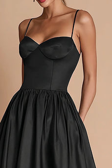 Black Satin A-Line Corset Long Black Tie Dress