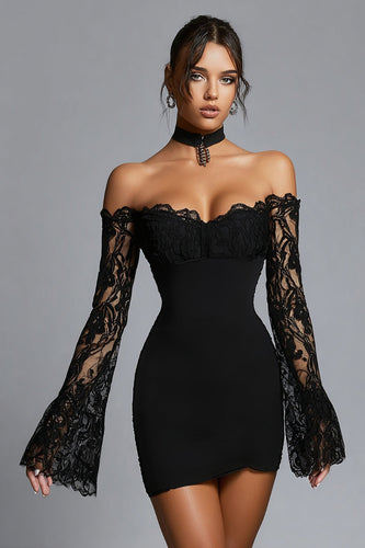 Black Off the Shoulder Bodycon Short Cocktail Dress with Lace