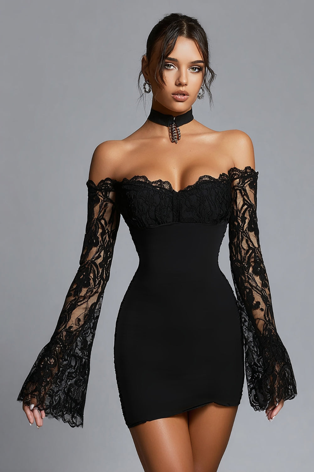 Black Off the Shoulder Bodycon Short Cocktail Dress with Lace