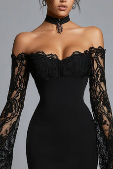 Black Off the Shoulder Bodycon Short Cocktail Dress with Lace