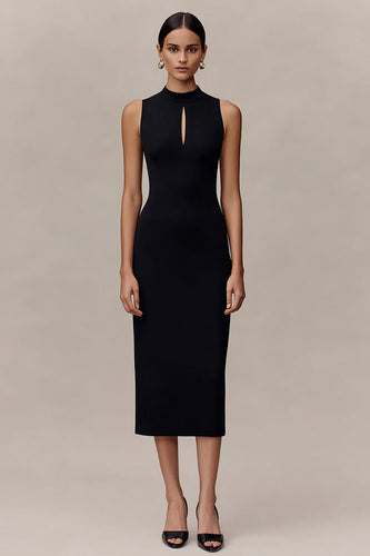 Black High Neck Bodycon Midi Cocktail Dress with Keyhole