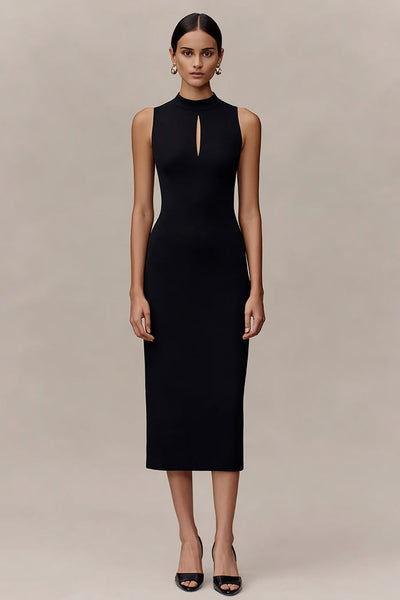 Black High Neck Bodycon Midi Cocktail Dress with Keyhole
