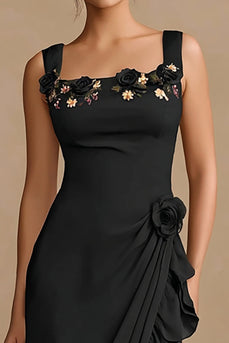 Black Ruffled Floral Midi Bodycon Cocktail Dress with Slit