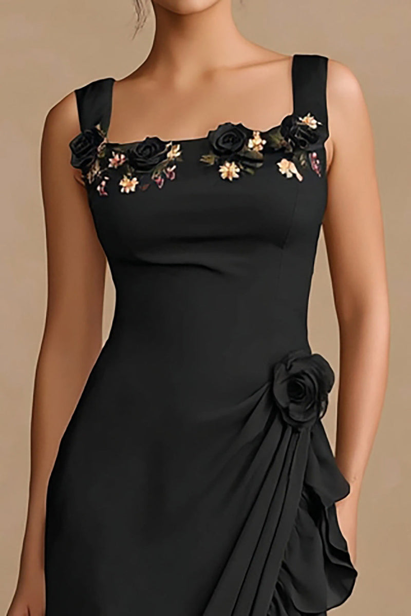 Load image into Gallery viewer, Black Ruffled Floral Midi Bodycon Cocktail Dress with Slit