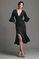 Load image into Gallery viewer, Black V Neck Flare Sleeves Midi Cocktail Dress with Slit