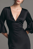 Load image into Gallery viewer, Black V Neck Flare Sleeves Midi Cocktail Dress with Slit