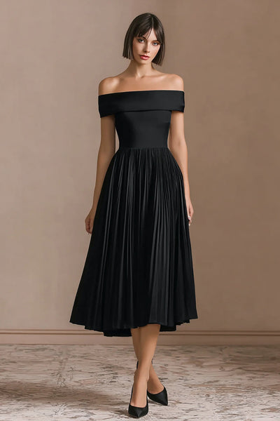 Black Pleated A-Line Midi Black Tie Dress