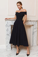 Load image into Gallery viewer, Black Off the Shoulder A-Line Midi Black Tie Dress