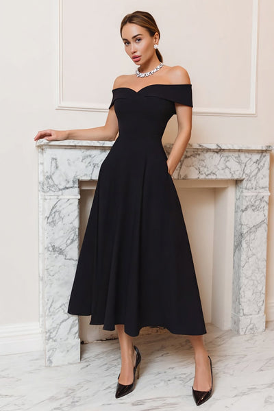 Black Off the Shoulder A-Line Midi Black Tie Dress