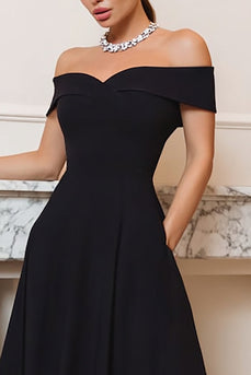Black Off the Shoulder A-Line Midi Black Tie Dress