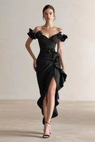 Load image into Gallery viewer, Sparkly Black Ruffled Sheath Formal Dress with Slit