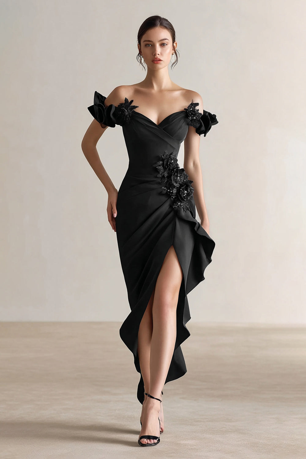 Sparkly Black Ruffled Sheath Formal Dress with Slit