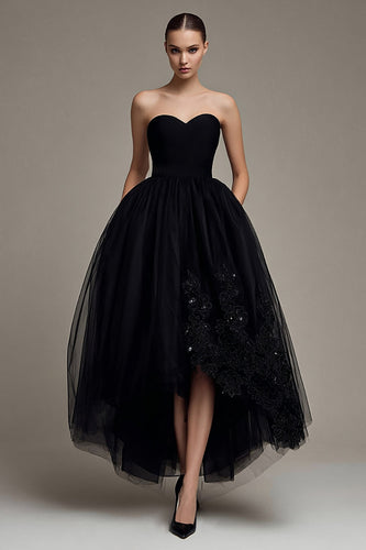 Sparkly Princess Black Tulle Appliqued Long Formal Dress