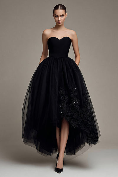 Sparkly Princess Black Tulle Appliqued Long Formal Dress