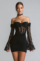 Load image into Gallery viewer, Black Off the Shoulder Bodycon Corset Short Cocktail Dress with Lace