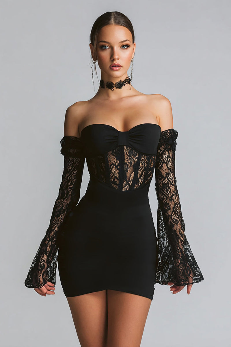 Load image into Gallery viewer, Black Off the Shoulder Bodycon Corset Short Cocktail Dress with Lace